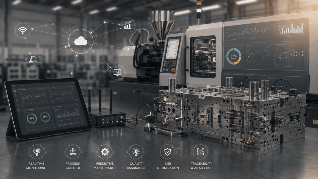 Industrial automation scene with a large machining tool, tablet dashboard, and cloud icons, illustrating real-time monitoring and analytics in a smart factory.