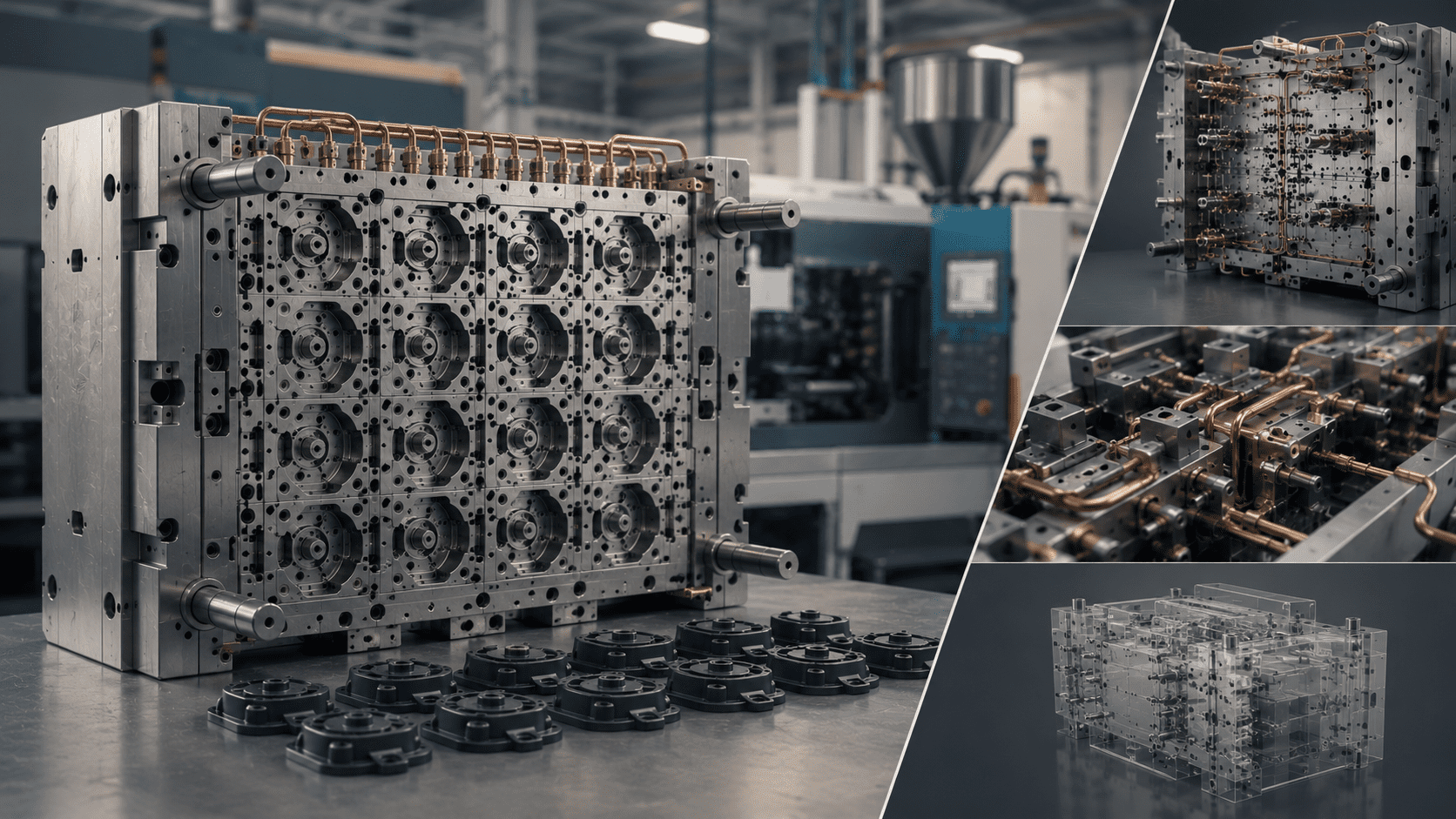 - Efficient-Innovations Large metal injection mold with multiple circular cavities and copper piping on a factory table.