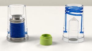 Two clear cylindrical housings with blue internal components and a lime-green cap between them: left a blue filter sponge inside a metal-top cartridge; right a tall chamber with blue coiled tubing and a diamond-shaped insert inside.