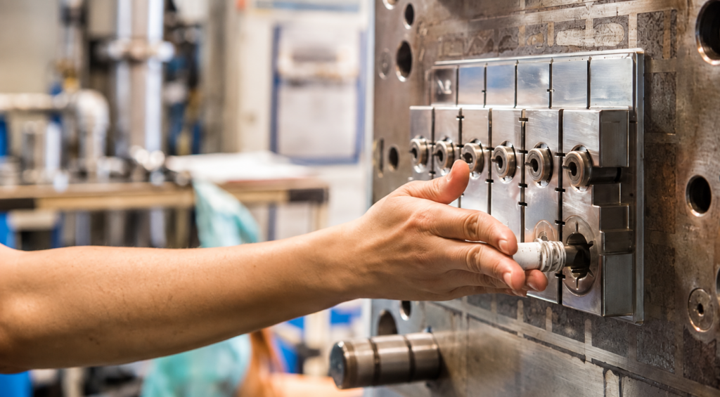Hand turning a plug on a metal control panel of an industrial machine in a workshop setting.