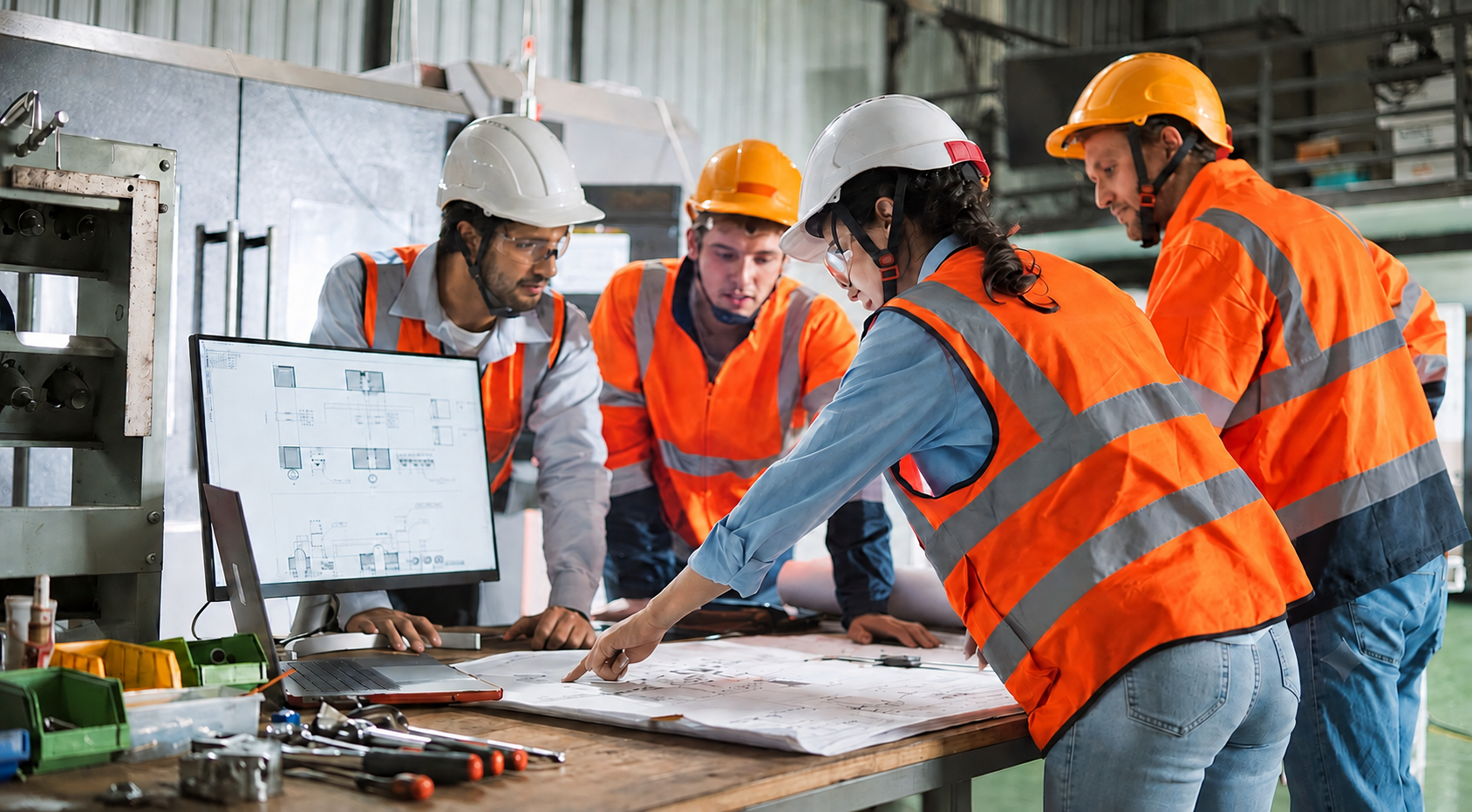 Team of construction workers in orange vests and hard hats review blueprints on a worktable with a laptop and monitor nearby.