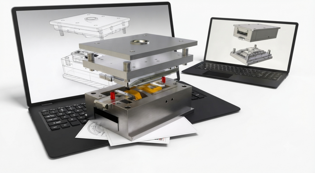 Metal fabrication press stacked with plates on a laptop, CAD models visible on both screens as overlay diagrams