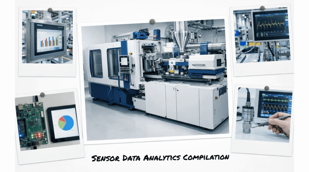 Collage of industrial sensors and analytics around a large injection-molding machine, with charts and monitors