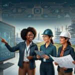 Group of female engineers in hard hats review blueprints on a digital screen at a renewable energy site outdoors.
