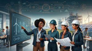 Group of female engineers in hard hats review blueprints on a digital screen at a renewable energy site outdoors.