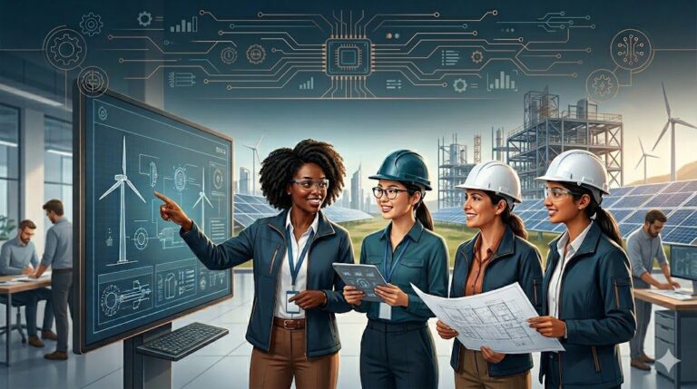 Group of female engineers in hard hats review blueprints on a digital screen at a renewable energy site outdoors.