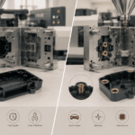 Split view of precision metal mold parts; left highlights material/tooling benefits (single material, simple tooling, fast cycle, cost effective), right shows target industries (automotive, medical, electronics, consumer goods, industrial).