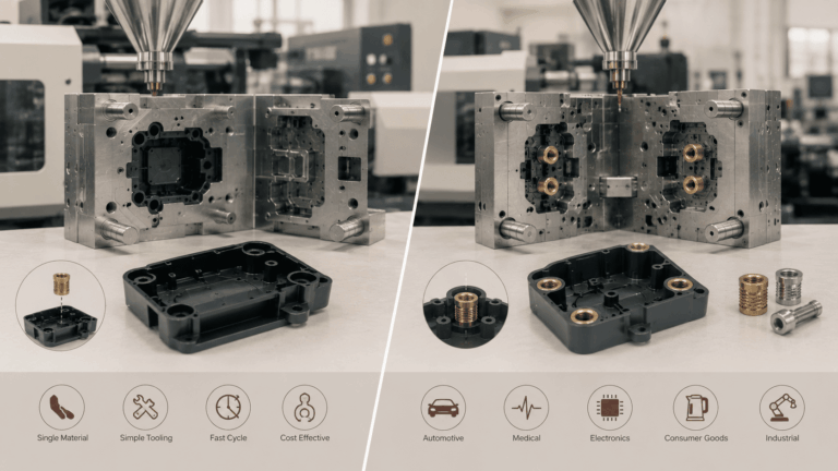 Split view of precision metal mold parts; left highlights material/tooling benefits (single material, simple tooling, fast cycle, cost effective), right shows target industries (automotive, medical, electronics, consumer goods, industrial).