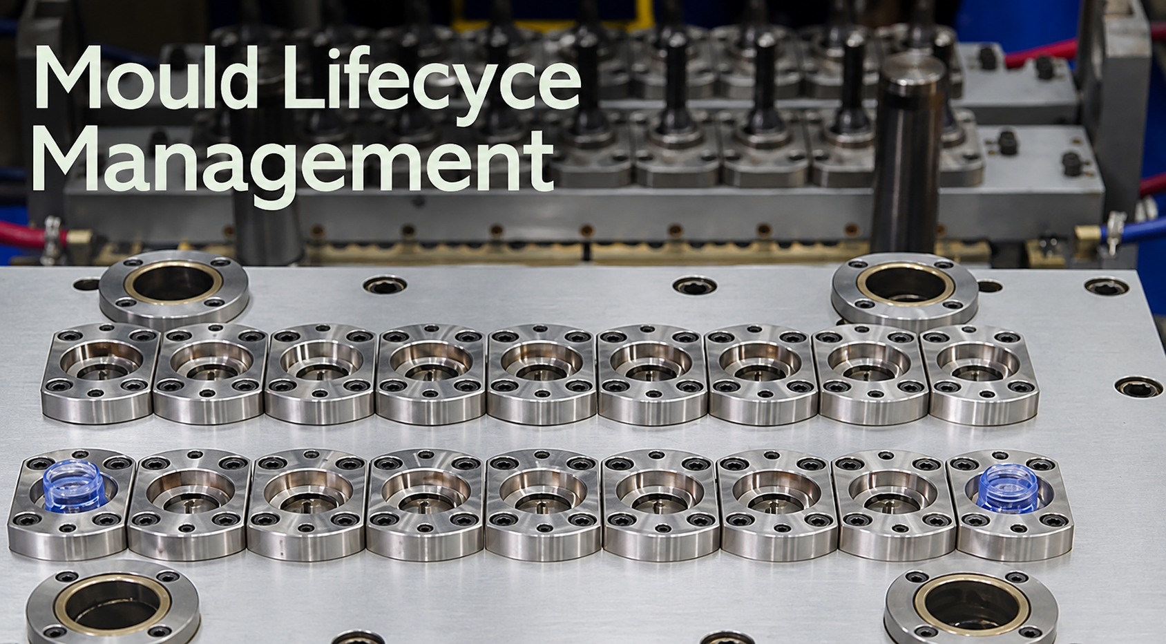Five Stages of Mould Lifecycle Management - Efficient-Innovations Industrial mould tooling components arranged on a metal worktable, with the caption 'Mould Lifecycle Management' shown in the upper left.