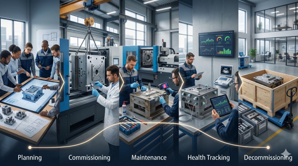 Montage of engineers working through the machinery lifecycle: planning, commissioning, maintenance, health tracking, and decommissioning.