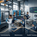 Montage of engineers working through the machinery lifecycle: planning, commissioning, maintenance, health tracking, and decommissioning.