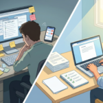 Split illustration: a cluttered, sticky-note–covered desk on the left and a tidy workstation with a laptop and checklist on the right, divided by a diagonal line.