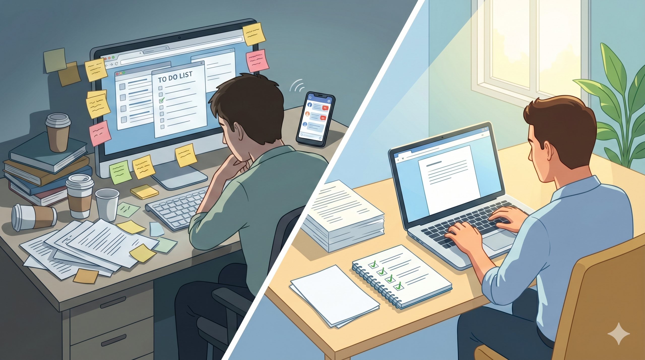 Gemini_Generated_Image_khdfo2khdfo2khdf-scaled - Efficient-Innovations Split illustration: a cluttered, sticky-note–covered desk on the left and a tidy workstation with a laptop and checklist on the right, divided by a diagonal line.