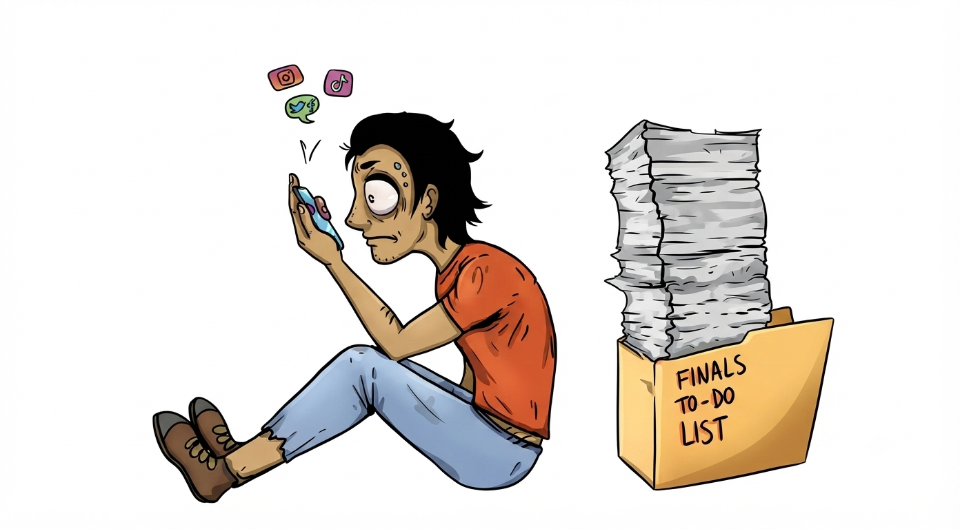Exhausted student scrolling on a phone while a tall stack of finals papers sits in a folder labeled 'Finals To-Do List' nearby.