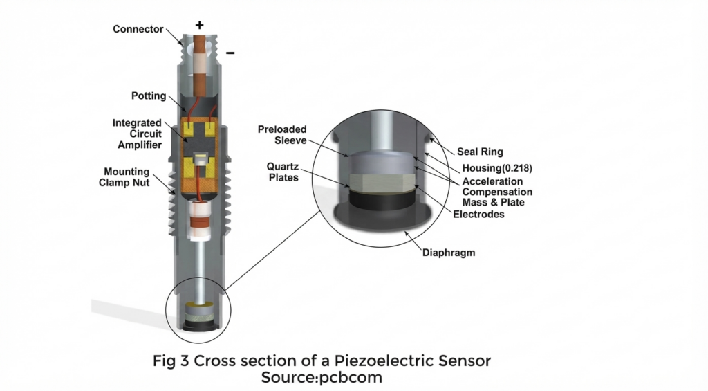 Cross-section of a piezoelectric sensor showing internal parts: connector, potting, IC amplifier, quartz plates, diaphragm, and electrodes with labels.