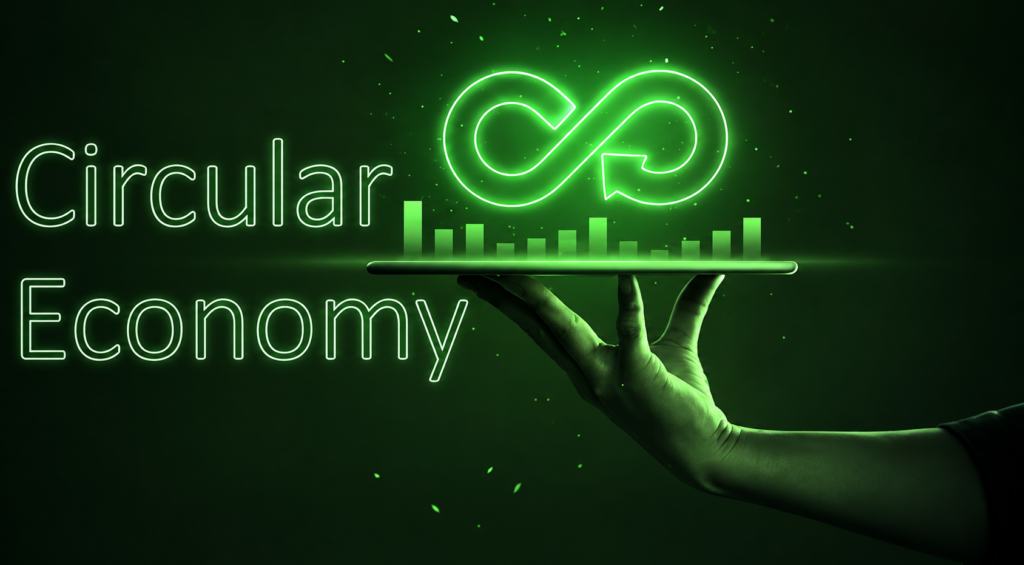 Neon green 'Circular Economy' concept with an infinity loop and a hand holding a glowing bar chart tray.