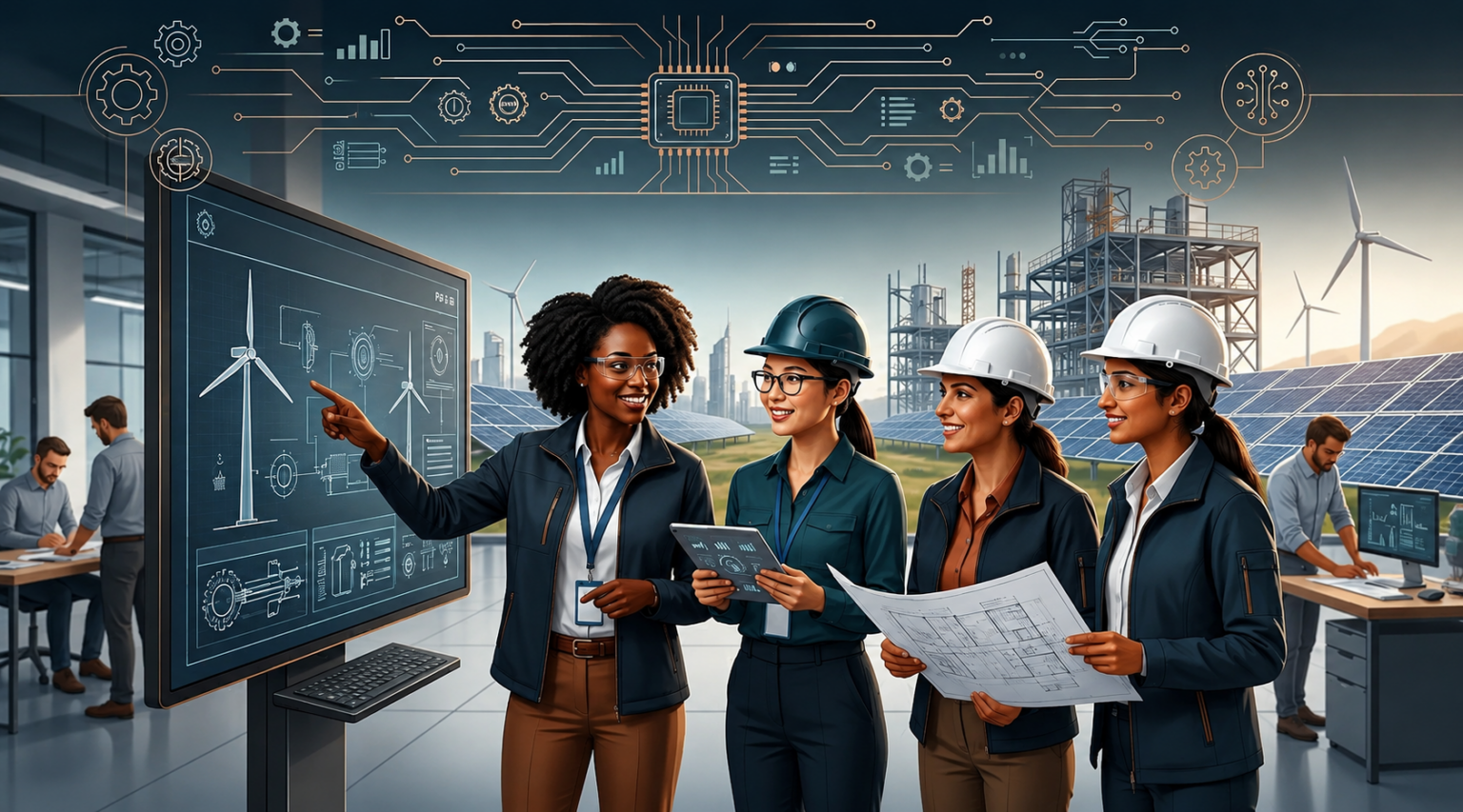 A diverse group of engineers in hard hats and safety glasses discuss blueprints at a tech-lit drafting board outdoors among wind turbines and solar panels.