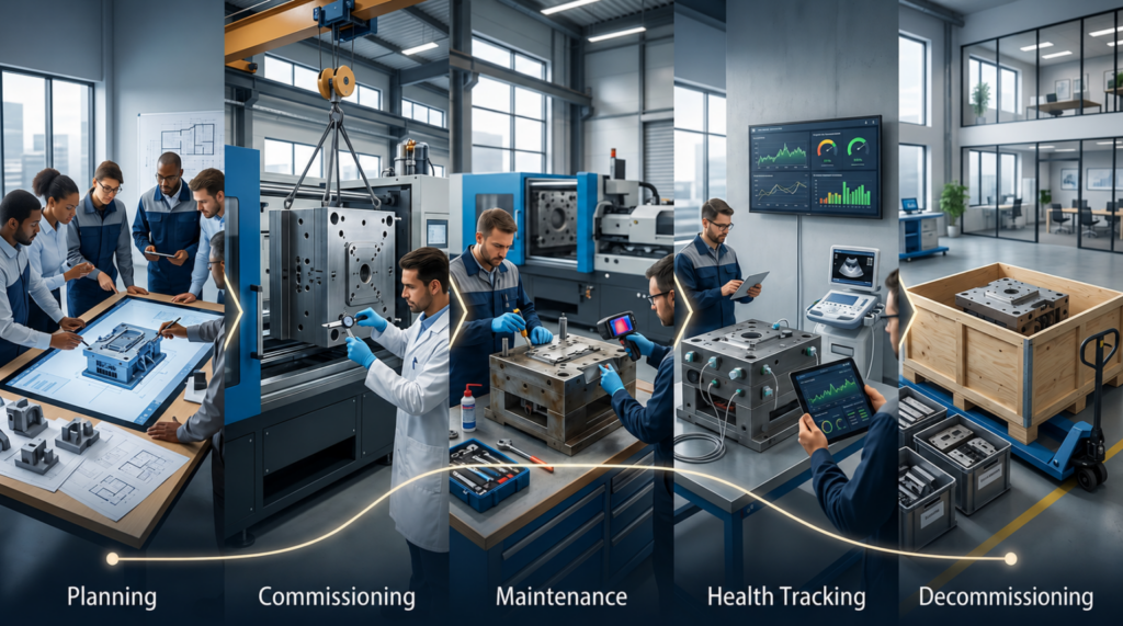 Engineering team collaborates on an industrial floor, illustrating the lifecycle stages: Planning to Decommissioning.