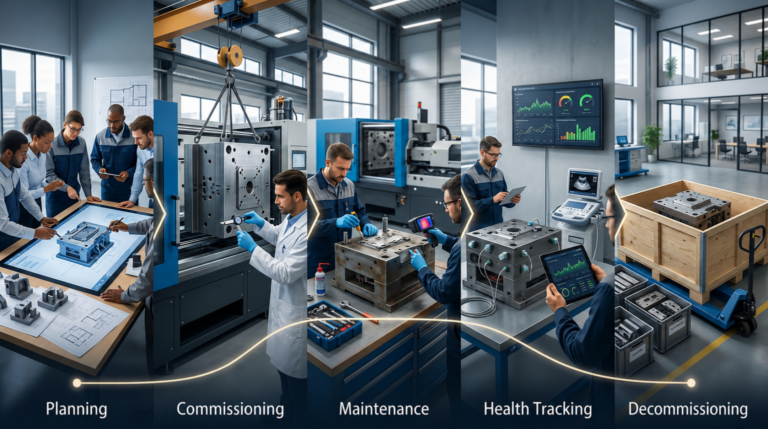 Engineering team collaborates on an industrial floor, illustrating the lifecycle stages: Planning to Decommissioning.