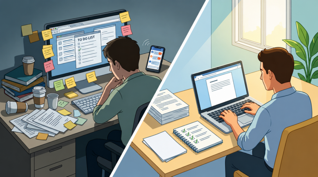 Split scene showing a cluttered desk with sticky notes, papers, and coffee cups beside a monitor displaying a to-do list versus a tidy desk with a laptop and a checklist notebook.