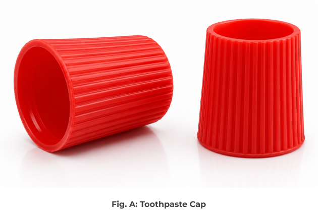 Two red ribbed toothpaste caps on a white background, one lying on its side and the other standing upright.
