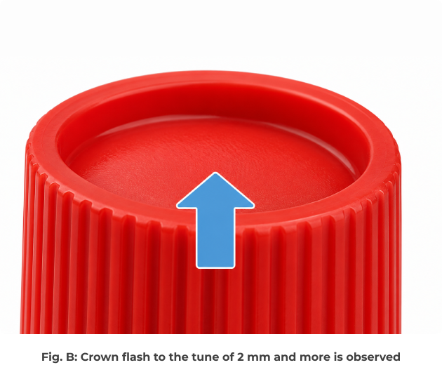 02 - Efficient-Innovations - Efficient-Innovations Close-up of a red plastic bottle cap with a blue upward-arrow symbol indicating crown flash.