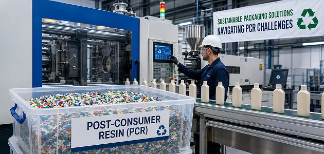 Factory worker in a hard hat operates a recycling machine beside a bin labeled 'Post-Consumer Resin (PCR)' filled with colorful plastic pellets; a banner above references 'Sustainable Packaging Solutions' and 'Navigating PCR Challenges'.