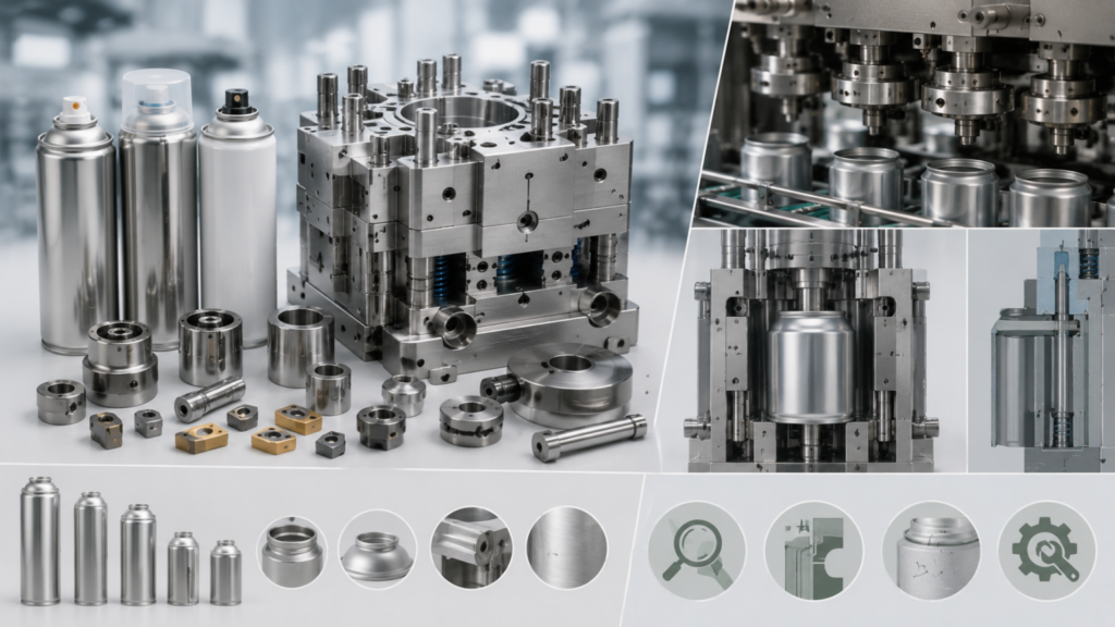 Industrial metal parts and tooling displayed on a workshop table, including precision mold components and cans, in a factory setting.