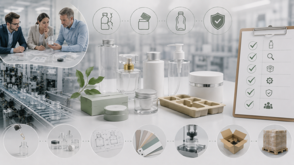 Cosmetics production lab with glass bottles on a filling line, packaging materials, and a clipboard checklist; inset shows a team reviewing a sample.