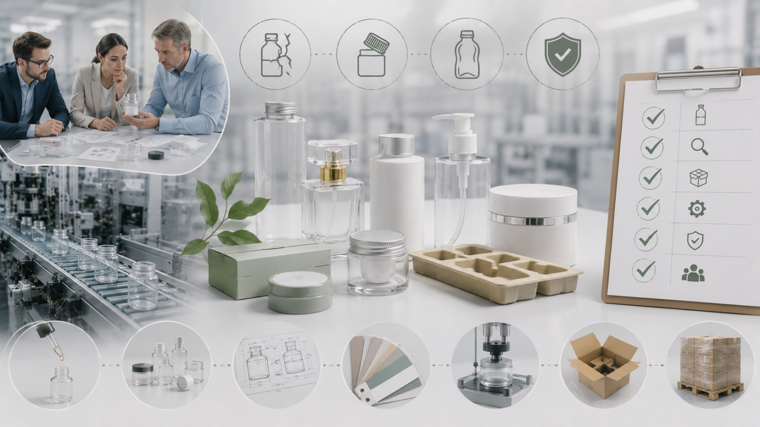 3 - Efficient-Innovations Cosmetics production lab with glass bottles on a filling line, packaging materials, and a clipboard checklist; inset shows a team reviewing a sample.