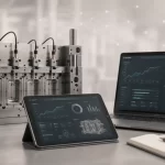 Industrial mold with wired actuators beside a tablet and laptop showing analytics dashboards, in a lab setting