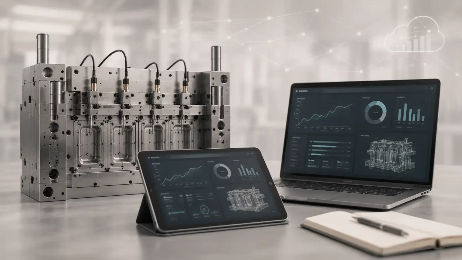 Industrial mold with wired actuators beside a tablet and laptop showing analytics dashboards, in a lab setting