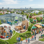 Illustration of a sustainable circular economy with interconnected modules: makerspace, workshop, factory, urban garden, farmers market, and a tram in a green city.