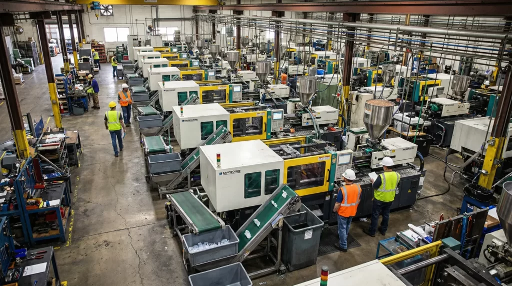 Wide view of a factory floor with numerous yellow-and-white injection molding machines, conveyors, and workers in hard hats and high‑visibility vests overseeing the line.