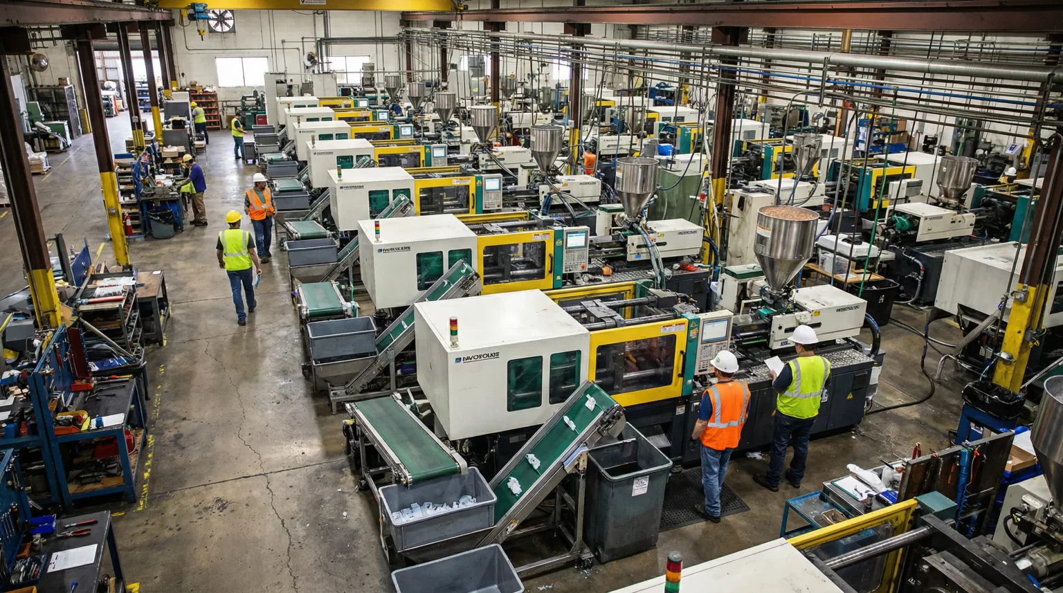 6-Mould-Lifecycle-Management-MLM--Commissioning-Part-2-1536x857 - Efficient-Innovations Wide view of a factory floor with numerous yellow-and-white injection molding machines, conveyors, and workers in hard hats and high‑visibility vests overseeing the line.