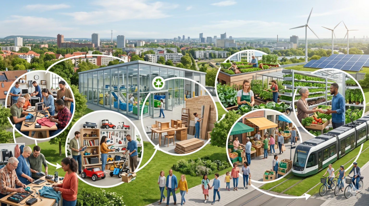 6 - Efficient-Innovations Illustration of a sustainable circular economy with interconnected modules: makerspace, workshop, factory, urban garden, farmers market, and a tram in a green city.