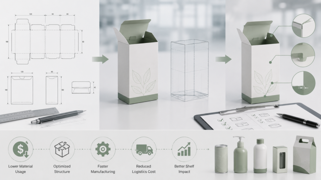 Packaging development sequence: blueprint drawings, a white carton with green base, and a final box with a plant motif on a desk.