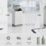 Packaging development sequence: blueprint drawings, a white carton with green base, and a final box with a plant motif on a desk.