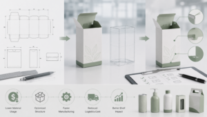Packaging development sequence: blueprint drawings, a white carton with green base, and a final box with a plant motif on a desk.