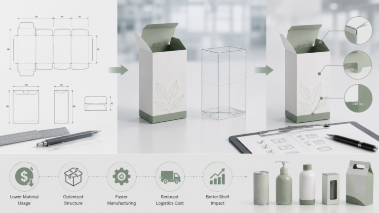 Packaging development sequence: blueprint drawings, a white carton with green base, and a final box with a plant motif on a desk.