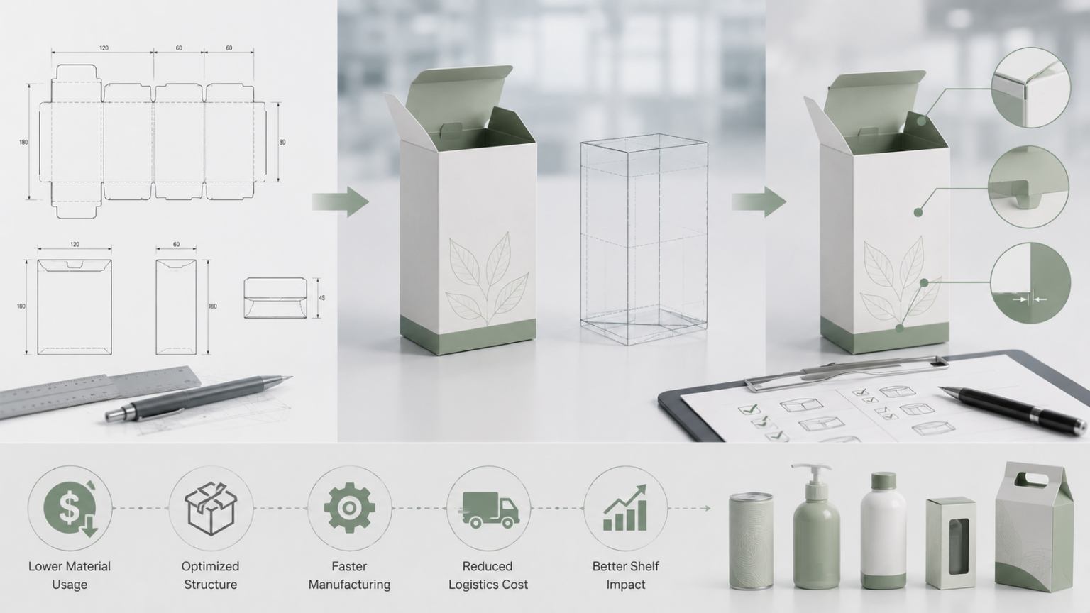 7 - Efficient-Innovations Packaging development sequence: blueprint drawings, a white carton with green base, and a final box with a plant motif on a desk.
