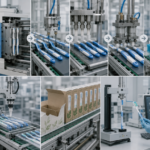 Factory montage of toothbrush production on an automated line with robotic arms and conveyors.