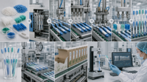 Factory montage of toothbrush production on an automated line with robotic arms and conveyors.