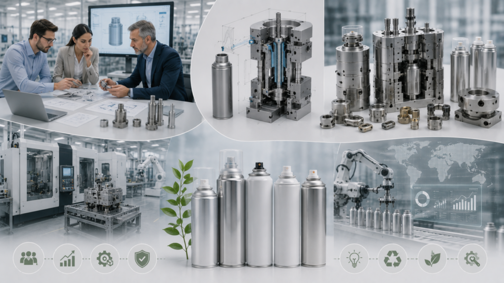 Collage of engineers reviewing CAD plans, metal parts, and a robotic factory line—representing metal fabrication and automation.