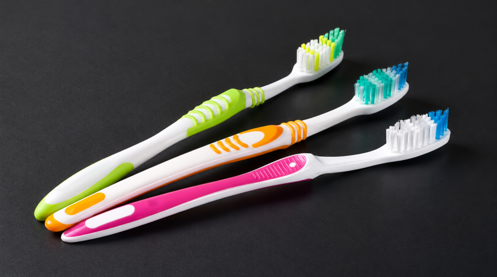 Three colorful plastic toothbrushes with white handles lying on a dark surface, green, orange, and pink accents visible.