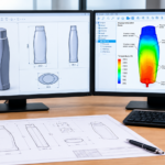 Dual widescreen monitors display bottle CAD models and a thermal-simulation color map, with drafting blueprints, a ruler, and a pen on the desk.