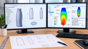Dual widescreen monitors display bottle CAD models and a thermal-simulation color map, with drafting blueprints, a ruler, and a pen on the desk.