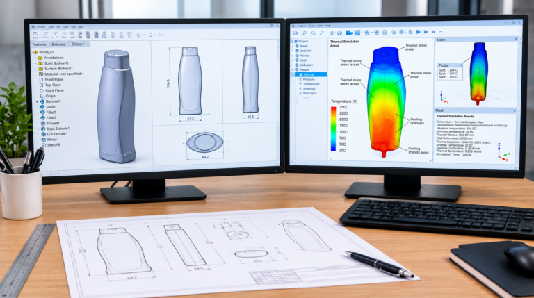 Dual widescreen monitors display bottle CAD models and a thermal-simulation color map, with drafting blueprints, a ruler, and a pen on the desk.