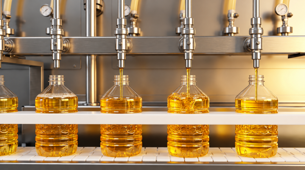 Automated bottling line fills clear plastic bottles with golden oil on a production line.