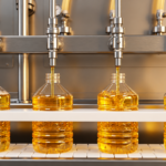 Automated bottling line fills clear plastic bottles with golden oil on a production line.